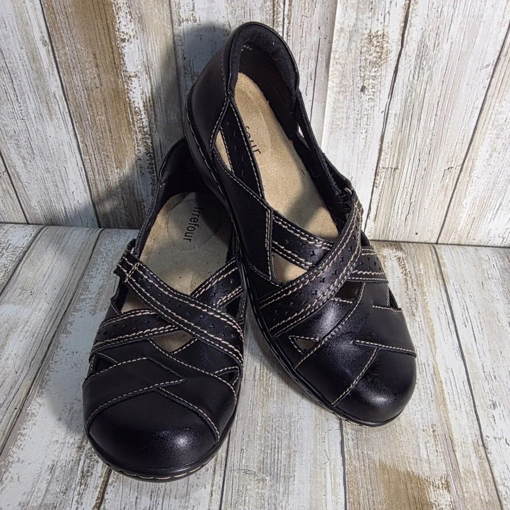 Irrefour Women Black Leather Strappy Ballet Flats Comfort Shoes Size 8.5